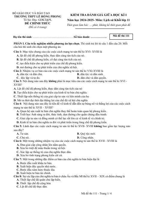Đề thi Giữa kì 1 Lịch sử 11 năm 2024-2025 trường THPT Lê Hồng Phong (Đắk Lắk)